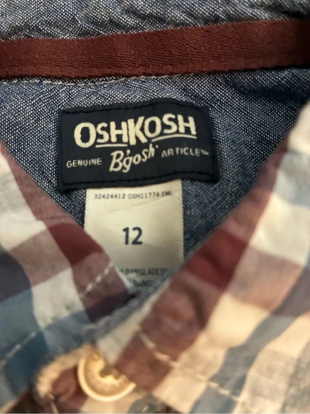 Pre-owned OshKosh B'gosh Youth’s Plaid Button-Down Shirt - White, Blue & Brown
